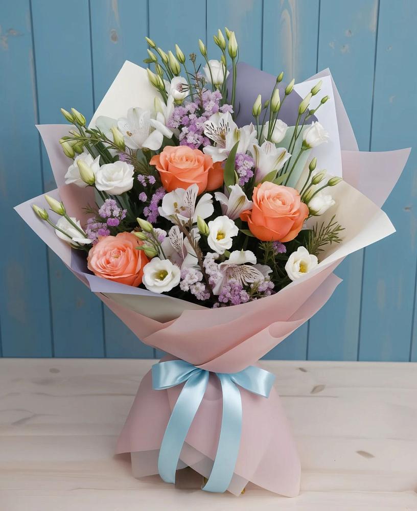 Букет цветов из: Лизиантусы, Розы, Альстромерии и Гипсофила в Тухчаре